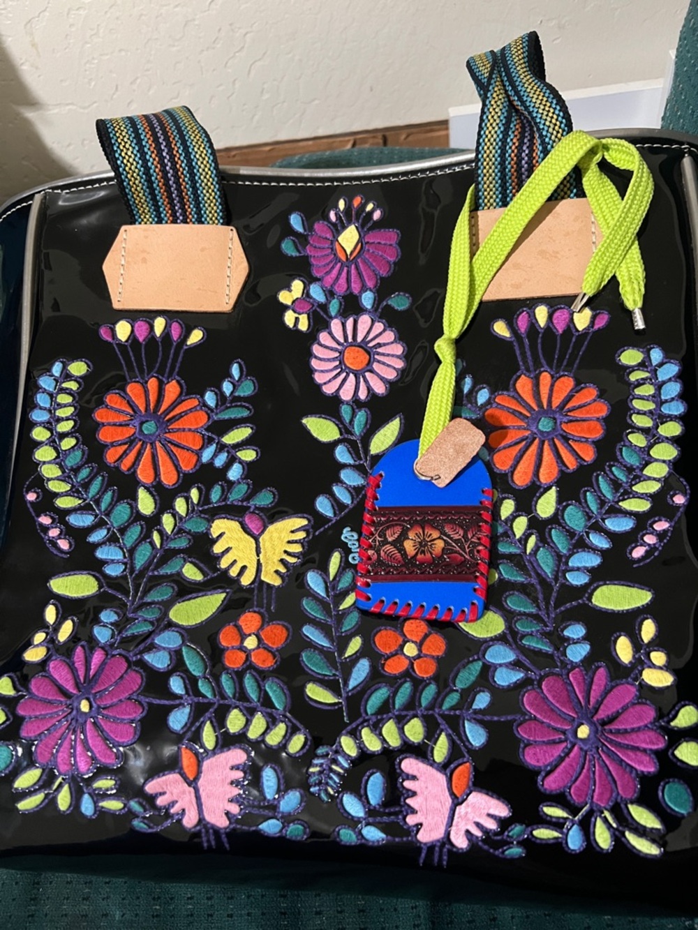 Colorful Floral Embroidered Tote Bag - Black with Multicolor Accents